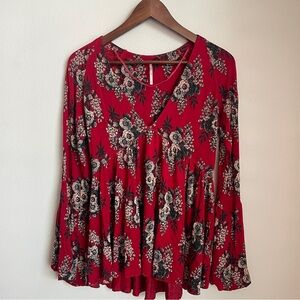 Free People Red Babydoll Top Small Floral Bell Sleeves Boho